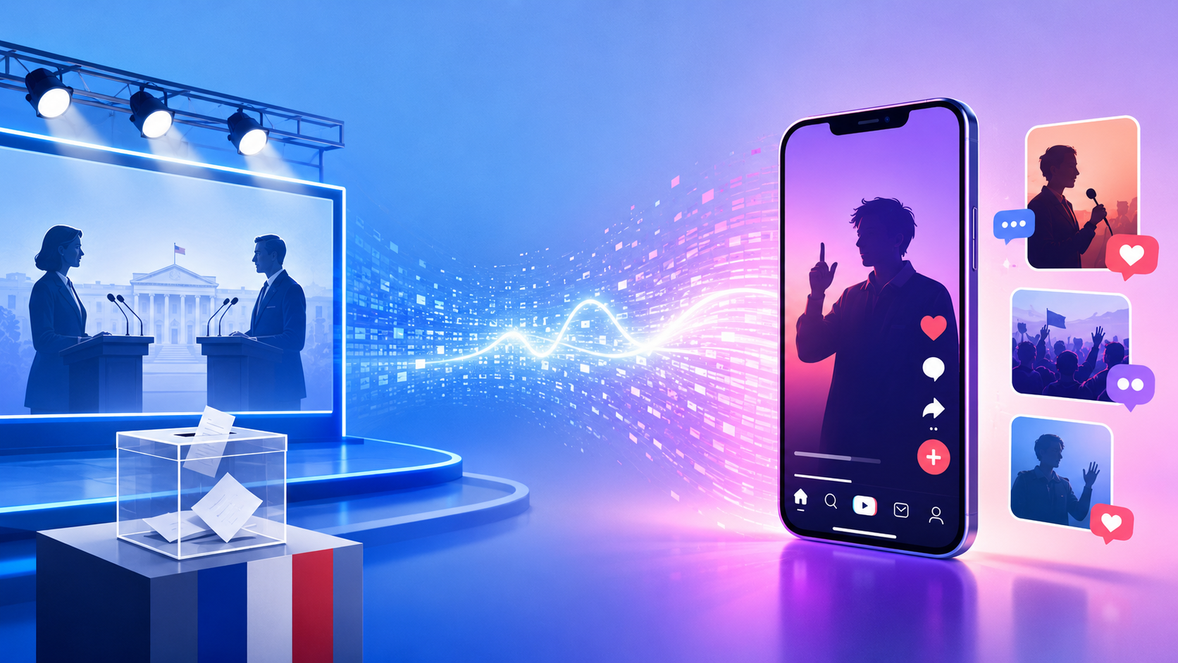 Un débat télévisé et un smartphone diffusant une vidéo courte, illustrant le passage de la télévision aux réseaux sociaux.